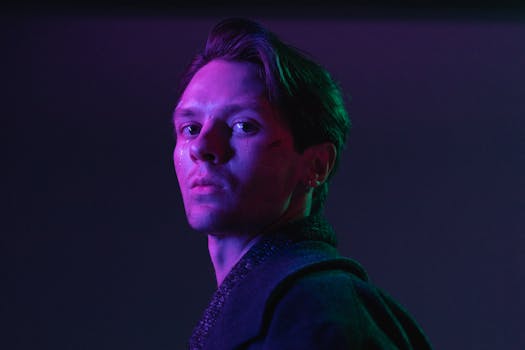 A man illuminated by vibrant purple and green lighting, creating a dramatic effect.