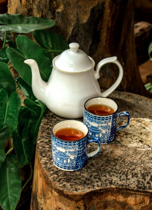 Free Oriental tea set with porcelain teapot and mugs on a rustic tree stump surrounded by greenery. Stock Photo