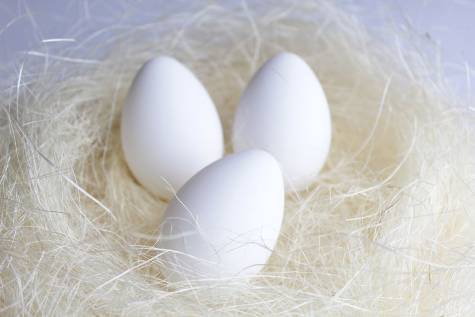 Three white eggs nestled in a straw nest, showcasing natural simplicity.