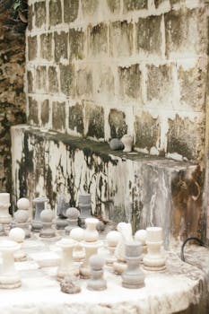 A rustic outdoor chess set positioned against a weathered stone wall, capturing a serene and timeless feel.