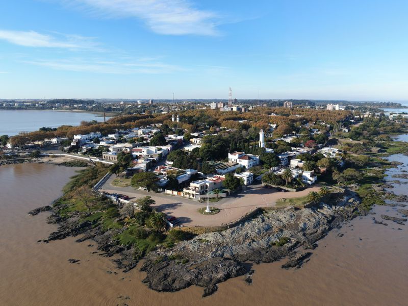 An aerial view of the historic quarter of Colonia del Sacramento on its peninsula in the Río de la Plata.