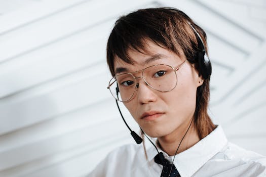 Close-up of a call center agent with eyeglasses and headset, indoors.