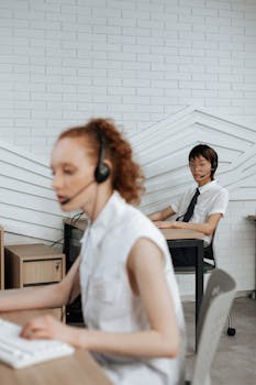 Focused customer service representatives working in a modern office space.