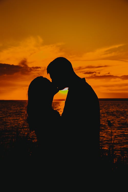 Photo gratuite de affection, amour, coucher de soleil, couple, femme, gens,  homme, relation, romantique, s'embrasser, silhouette, tir vertical