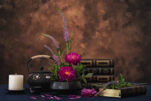 Fotobanka s bezplatnými fotkami na tému kanvica na vodu, knihy, kvety