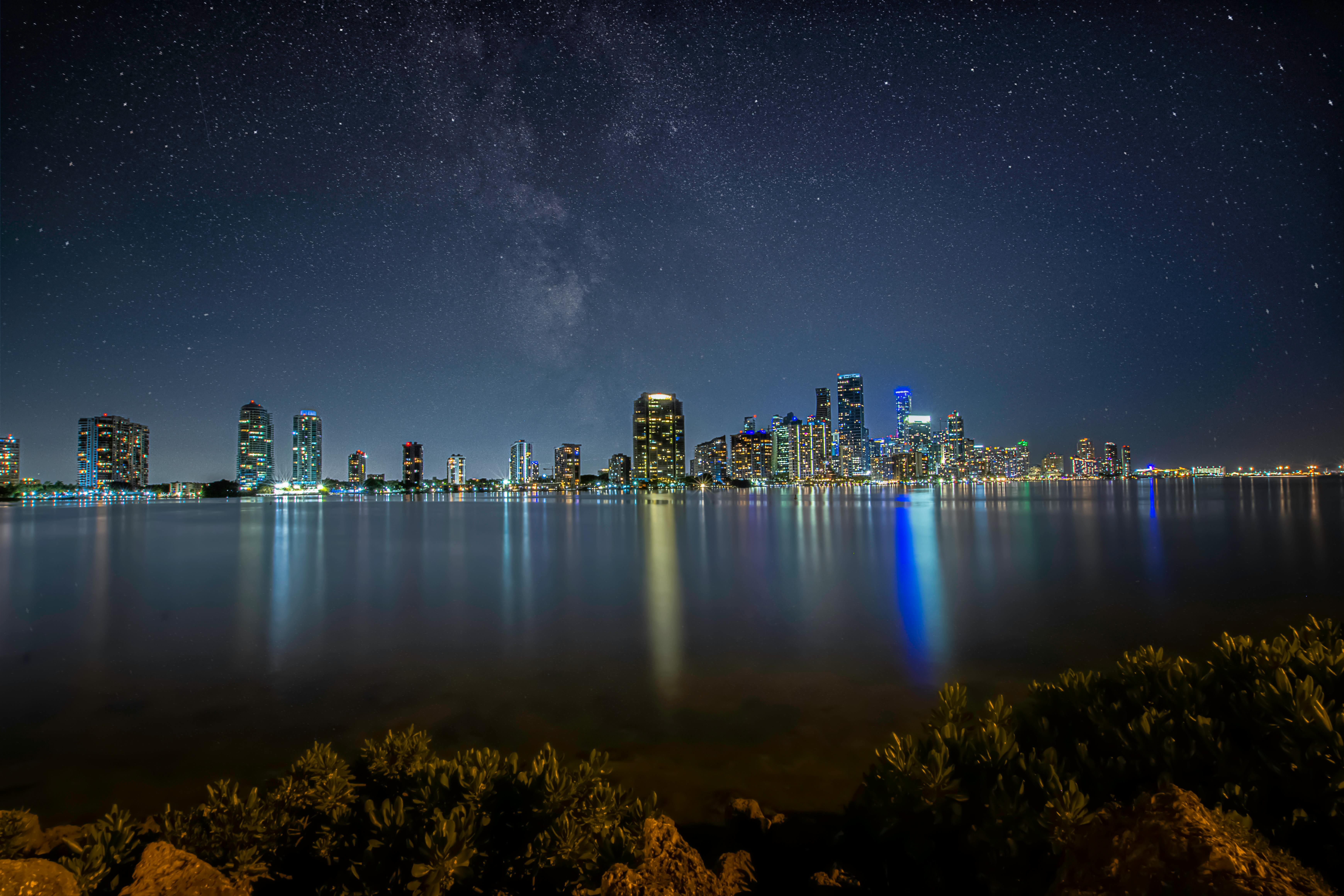 a photo of colorful buildings during night time