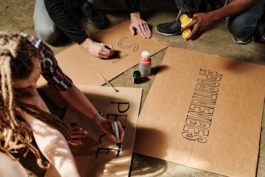 A diverse group crafting protest signs with positive messages. Engaged activism captured creatively.