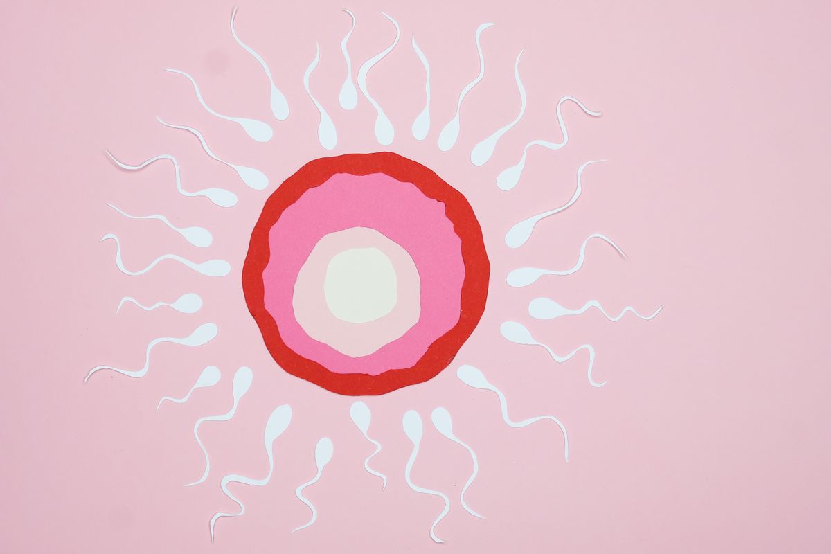 Illustration créative — spermatozoïdes en papier découpé vers un œuf sur fond rose