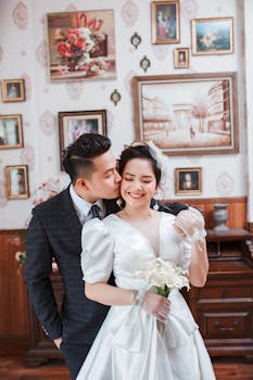 Happy bride and groom sharing a romantic kiss indoors, surrounded by floral decor and art.