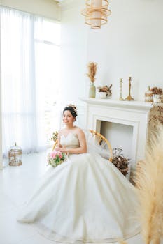 Beautiful bride in a white gown sits indoors holding a bouquet, surrounded by soft lighting and decor.