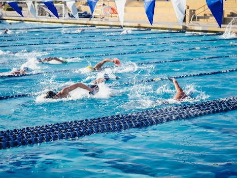 Group of swimmers competing in an outdoor pool, showcasing athletic endurance and technique.