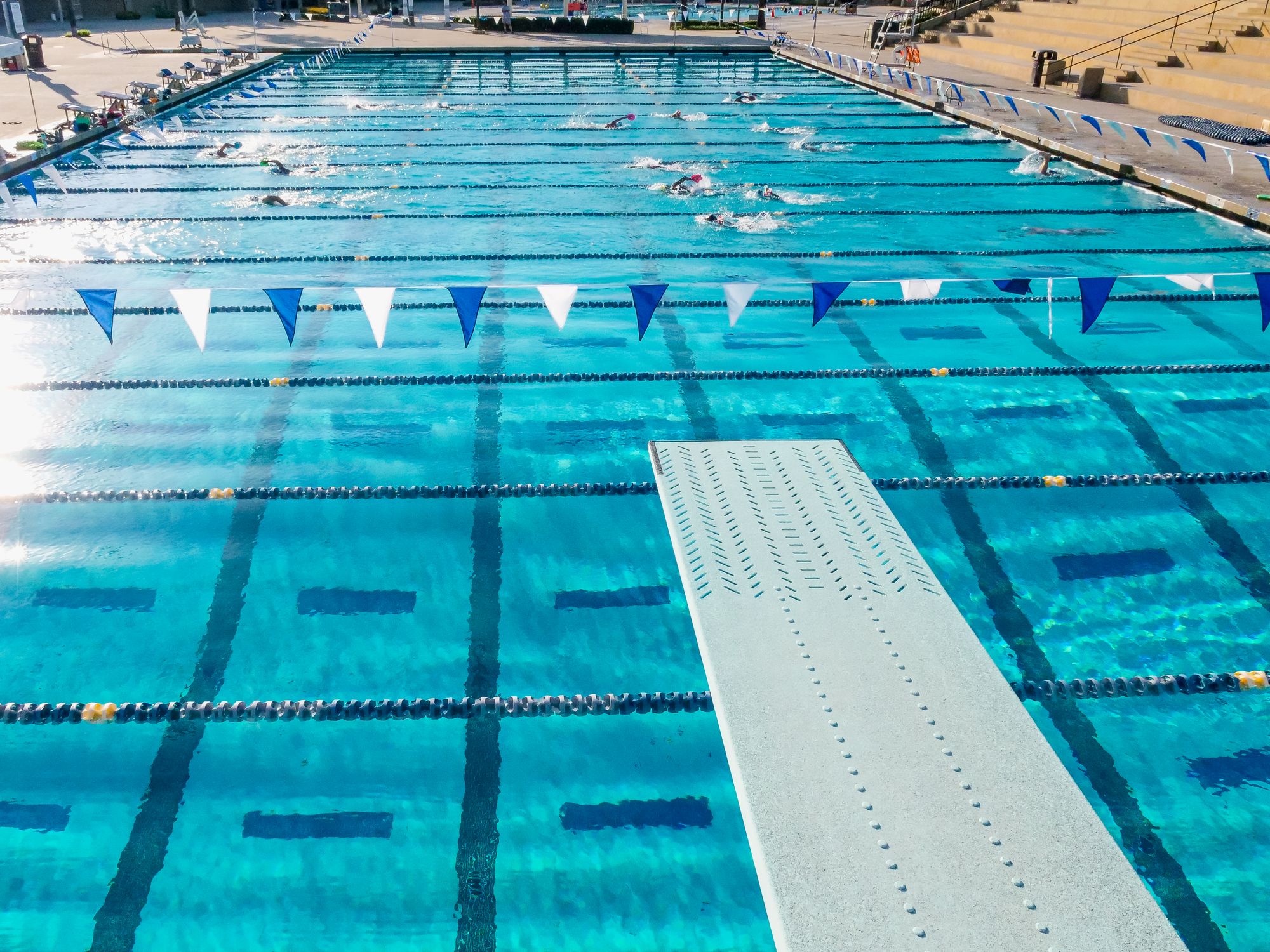 Aerial perspective of an Olympic-size swimming pool showing lanes and diving board in sunny California.