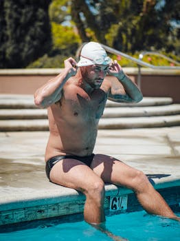 Shirtless tattooed man adjusts swim cap, sitting by pool, bright day.