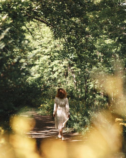 Free Back view of a woman in a printed dress walking through a sunlit forest path. Stock Photo