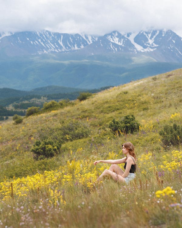 Free A Woman Sitting on a Field of Flowers Stock Photo