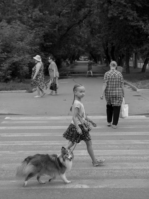 Grayscale Photo of Girl and Dog Walking on Street