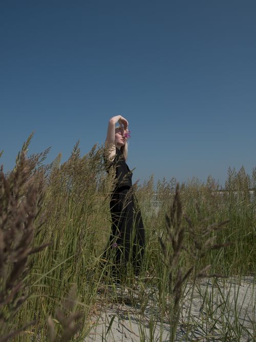 Free A woman in a black dress stands elegantly amidst tall grasses under a clear blue sky. Stock Photo