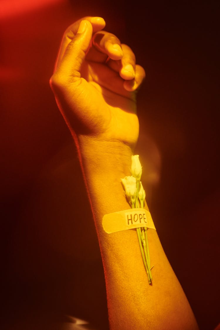 Hand With Stuck White Flowers 