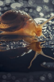 Close-up of a snail with tentacles on wet surface reflecting water droplets.