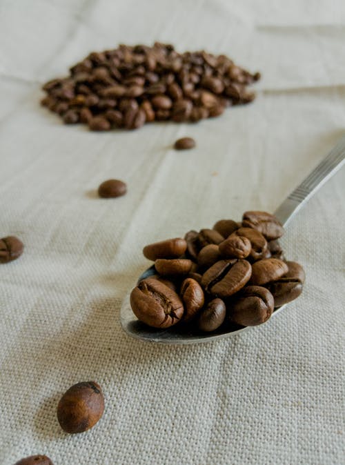 Imagine de stoc gratuită din boabe de cafea, fotografiere verticală, lingură