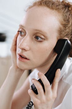 Caucasian woman on a vintage landline phone inside an office setting.