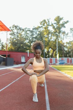 Female athlete in activewear performing stretching exercises on a sunny day at a track.