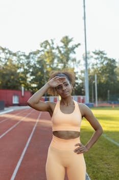 A woman in sports attire taking a break during her workout on an outdoor track.
