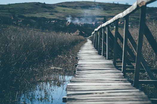 Rustic wooden bridge over a serene rural landscape with smoke in the distance.