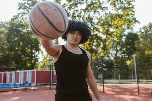 A young man with curly hair holding a basketball outdoors, showcasing athleticism and style.