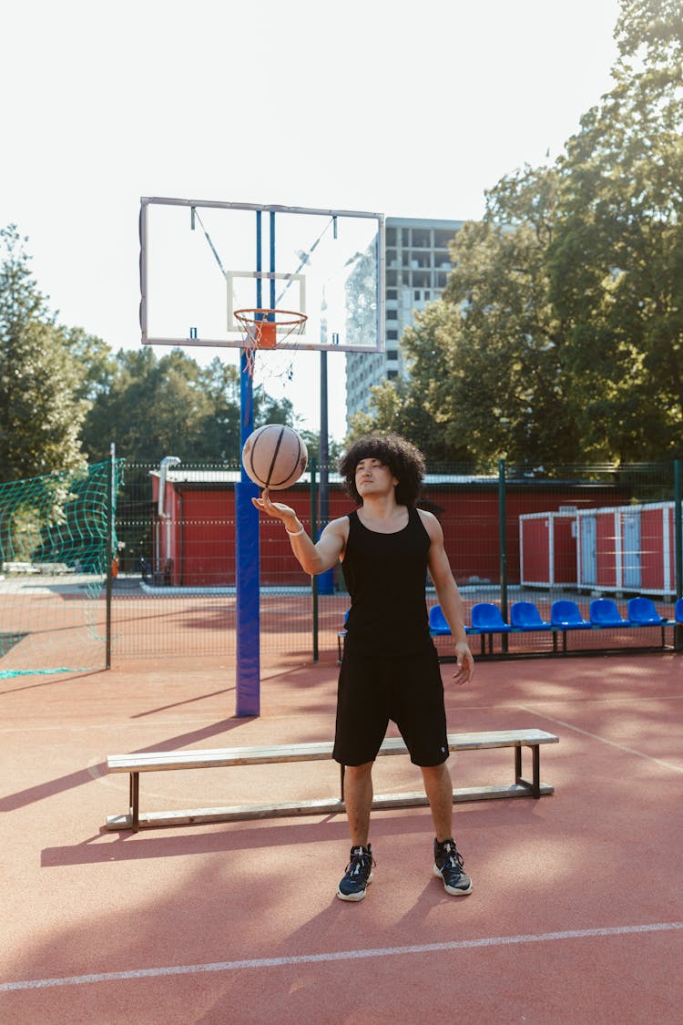 Man In Black Tank Top And Shorts Spinning Basketball Ball In His Fingers 