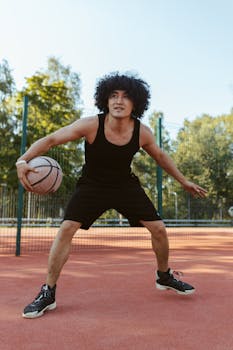 Energetic young man playing basketball on an outdoor court during a sunny day, showcasing athletic skills and passion for sports.