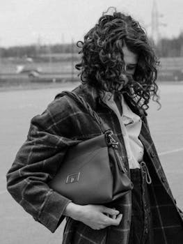 Black and white portrait of a fashionable woman with a handbag outdoors, showcasing style and grace.
