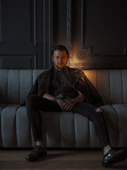 A man in a leather jacket sits on a sofa, creating a moody and stylish atmosphere.