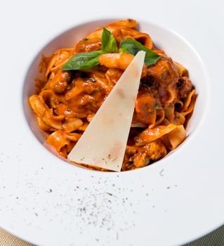 Delicious Italian pasta with tomato sauce and parmesan, elegantly plated.