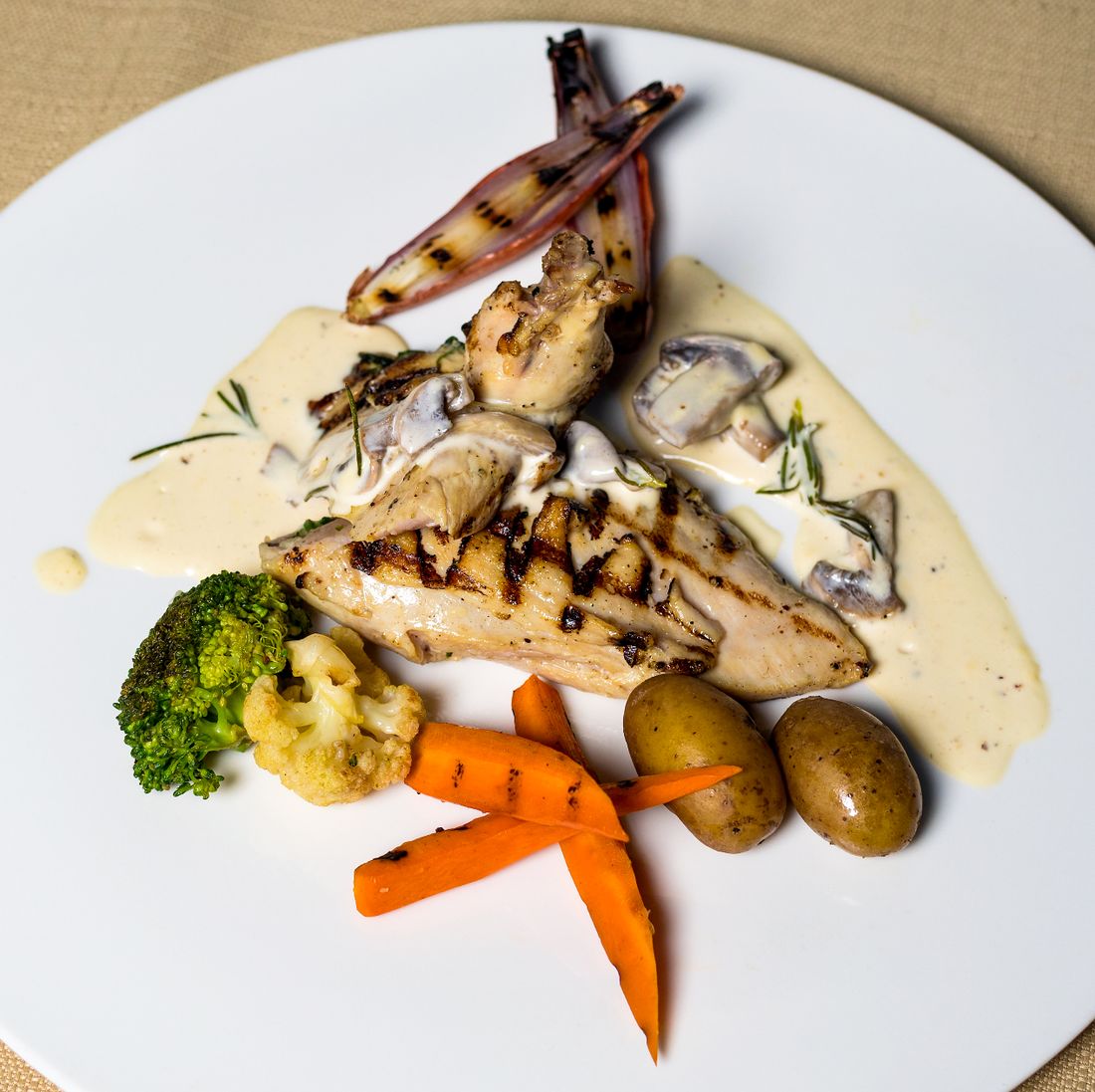 Plated chicken with sauce and vegetables. Photo by Farhad Ibrahimzade on Pexels