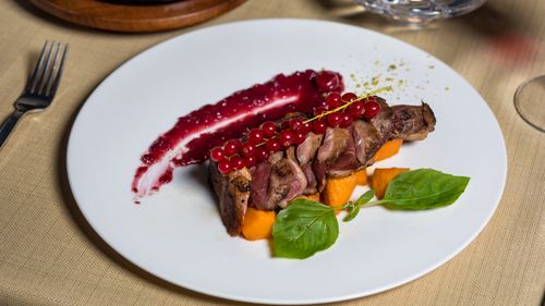 Free Elegant plated duck breast with berry sauce, garnished with herbs and vegetables, perfect for gourmet dining. Stock Photo