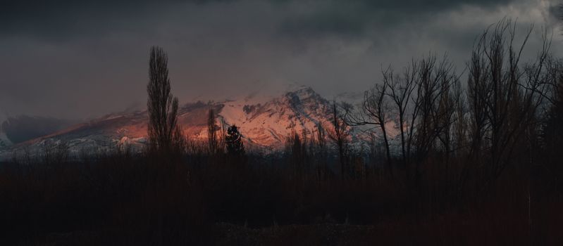 A breathtaking view of snow-covered mountains at sunset, framed by leafless trees under a dramatic sky.