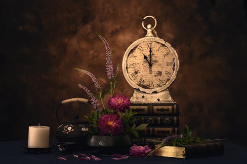 Composition with an Old Clock, Books, Flowers and a Teapot 