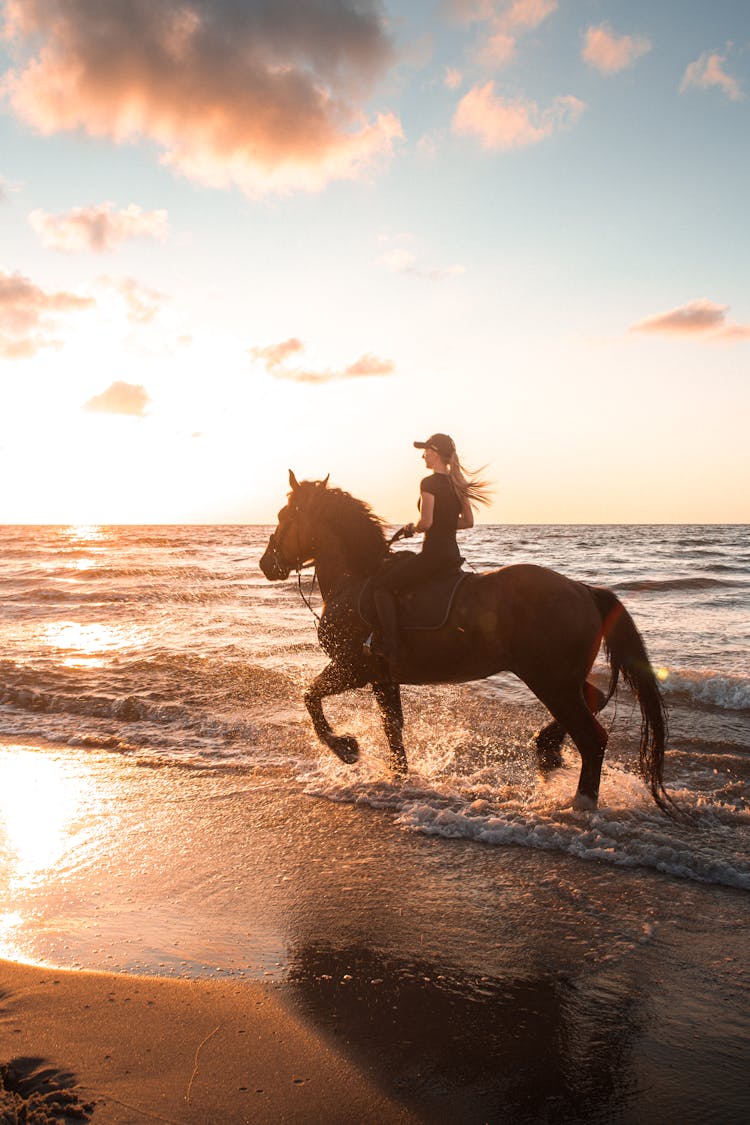 A Woman Riding A Horse On The Beach During Sunset