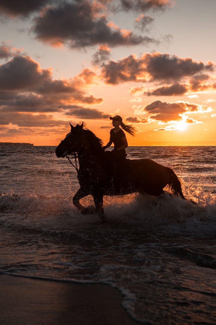 Woman On Horseback On The Beach At Sunset 