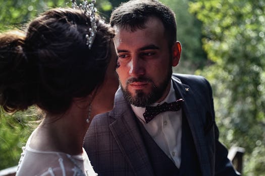 Intimate bride and groom portrait outdoors with natural light and romance.