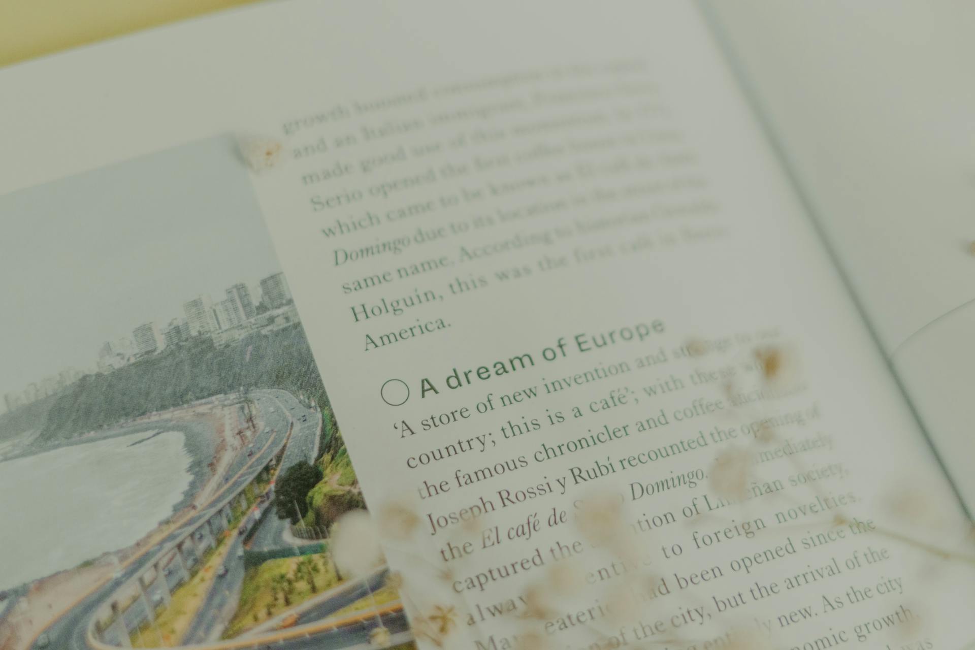 Close-up view of a printed magazine page featuring text and a coastal image, showcasing editorial content.