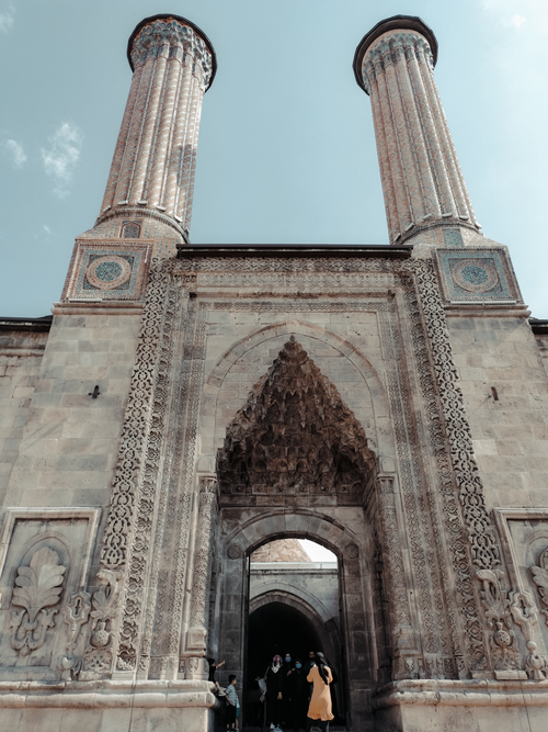 Free Low-angle view of the Çifte Minareli Medrese, a historic landmark in Erzurum, Turkey. Stock Photo