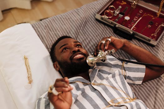 Relaxed man lying on bed, talking on vintage phone surrounded by jewelry.