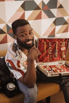 Cheerful man showing off various jewelry pieces in a stylish room.