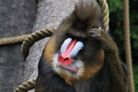 Close-up of a mandrill resting on a tree, showcasing vivid facial colors.