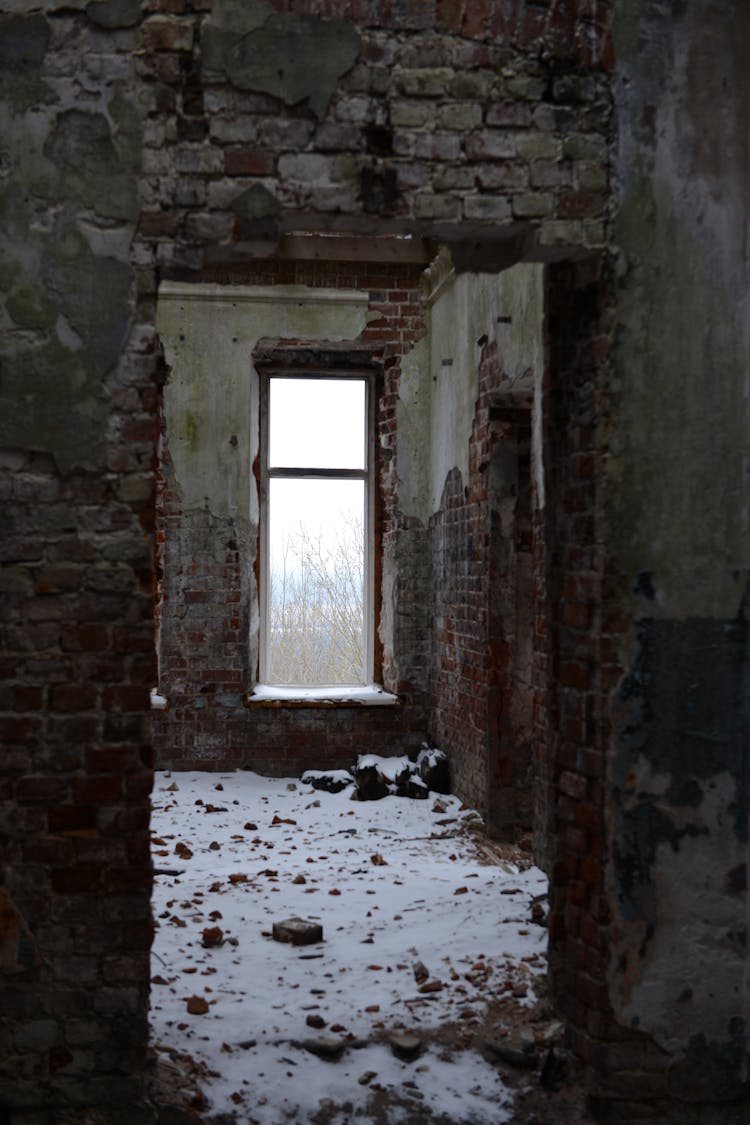 Interior Of A Ruined Building In Winter 