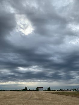 A cloudy sky looms over a wheat field in a rural countryside setting.