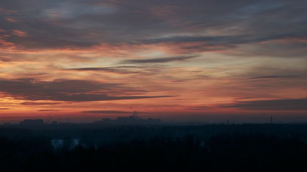 Breathtaking sunset with vibrant colors over Balashikha, Russia skyline.