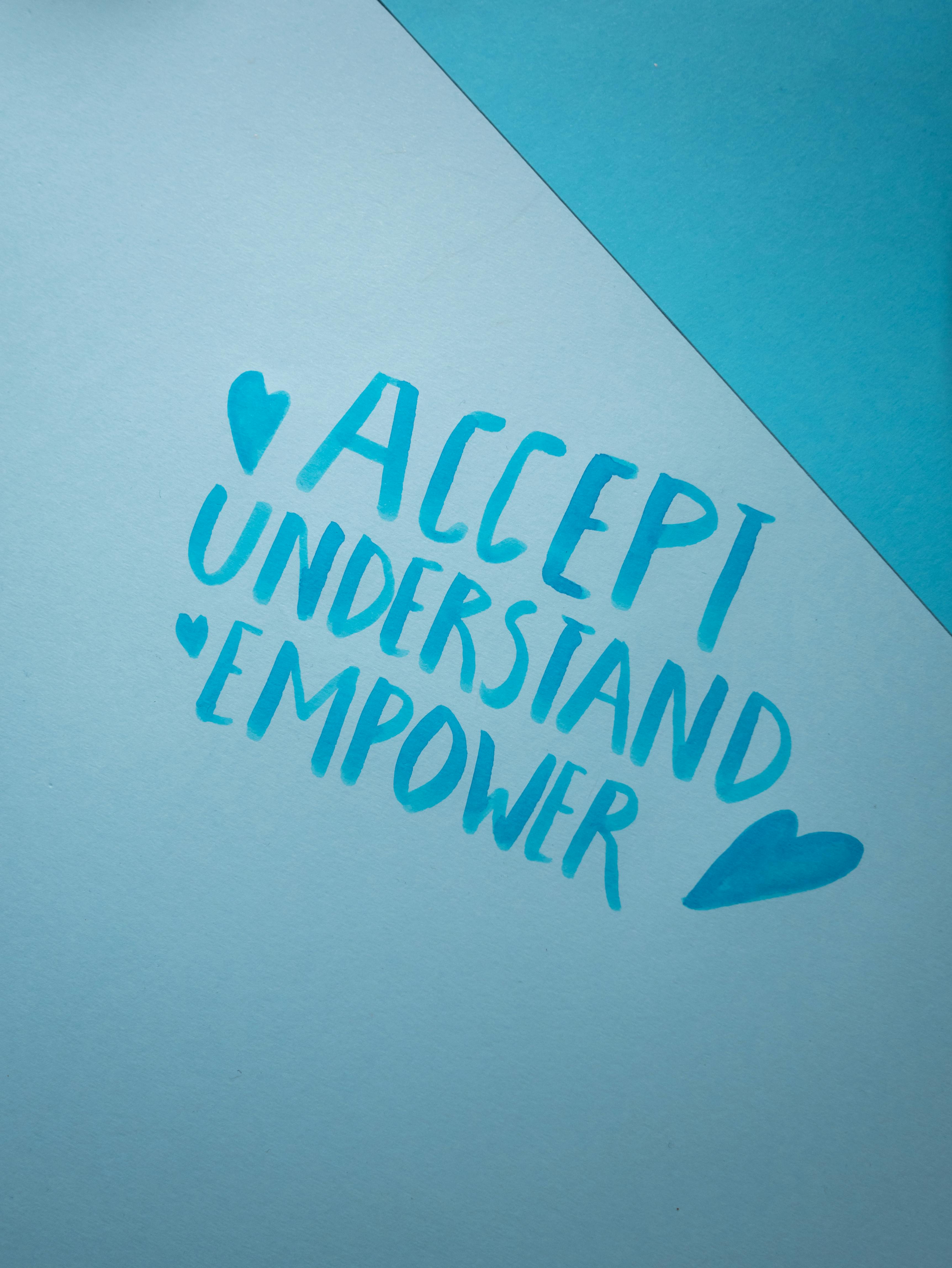 Minimalistic image with slogan 'Accept, Understand, Empower' on blue background.